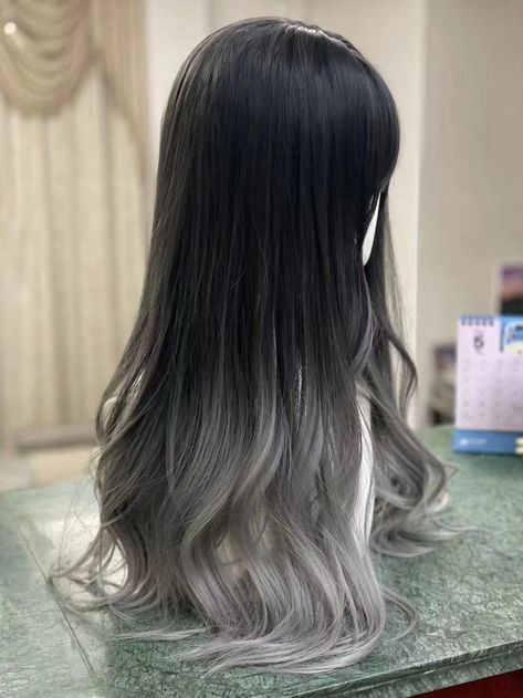 This price is for a wig only, others are not included.   	 		 			Size 			Free Size 		 		 			Hair Length 			70 Gothic Grey Hair, Brushed Out Wavy Hair, Black Hair With Silver Tips, Types Of Black Hair Color, Black And Grey Ombre Hair, Grey Hair Black Roots, Ombre Hair Color Long, Gothic Hair Color, Black To Grey Ombre Hair