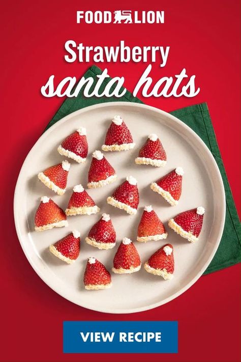 Add a touch of whimsy and cheer to your holiday spread this year with these adorable, and affordable, strawberry Santa hats. Santa Hats Food, Santa Hat Dessert, Strawberry Santa Hats, Strawberry Santa, Strawberry Santas, Grinch Christmas Party, Party Prep, Cherry Desserts, Christmas Fruit