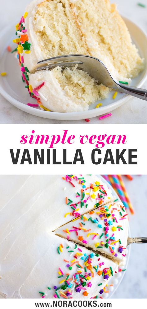 Fluffy and moist vegan vanilla cake, with the best vegan buttercream frosting! #vegan #dairyfree Vegan White Cake, Vegan Buttercream Frosting, Vegan Vanilla Cake, Vegan Buttercream, Torte Cupcake, Vegan Cake Recipes, Cake Vegan, Desserts Vegan, Vanilla Cake Recipe