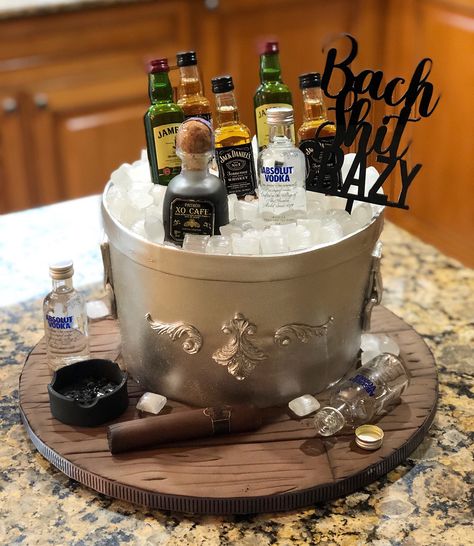 Bachelor Party Cakes For Men, Bachelor Cake For Men, Alcohol Cake Ideas For Men, Ice Bucket Cake, Alcohol Birthday Cake, Bachelor Party Cakes, Bachelor Cake, Liquor Cake, Alcohol Cake