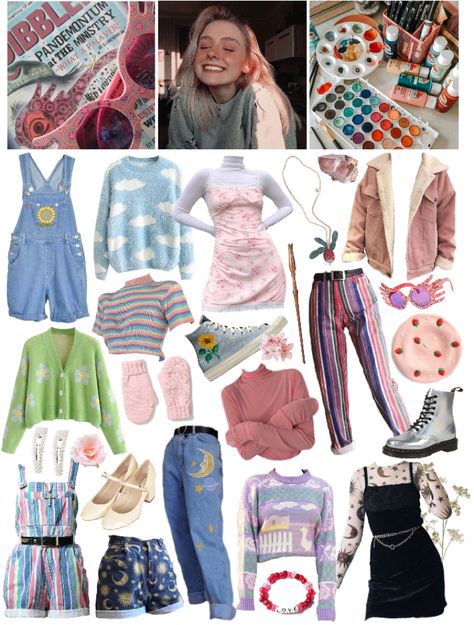 Luna Lovegood Outfits Inspiration, Luna Lovegood Inspired Outfits, Luna Lovegood Aesthetic Outfit, Luna Lovegood Clothes, Artsy Vintage Outfits, Luna Lovegood Style, Luna Lovegood Outfits, Luna Lovegood Art, Marauders Characters