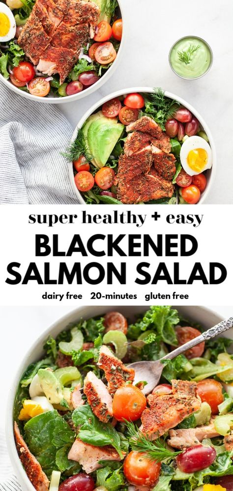 This tasty and easy blackened salmon salad bowl is one of the best salad recipes you’ll try! It’s super healthy with delicious oven baked salmon made with a simple seasoning and topped with a homemade avocado dill dressing. This salad is gluten free and dairy free and perfect for lunch or dinner. Salad Salmon, Salmon Recipes Pan Seared, Salmon Recipes Baked Healthy, Salmon Salad Recipes, Oven Baked Salmon, Blackened Salmon, Gluten Free Salads, Healthy Salmon, Baked Salmon Recipes