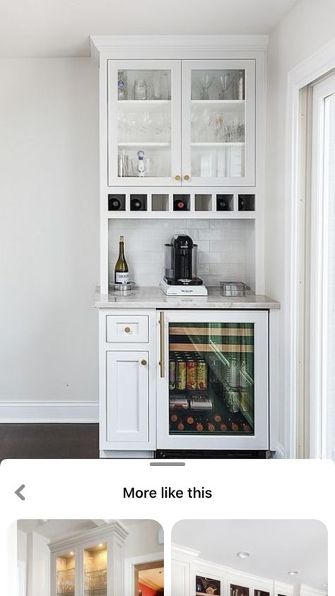 Built In Bar Fridge, Bar Cabinet Wine Fridge, Small Bar In Kitchen Ideas, Drink Nook In Kitchen, Wine Fridge Ideas Living Room, Small Built In Coffee Bar Ideas, Small Bar With Wine Fridge, Wine Fridge Coffee Bar, Small Wet Bar Ideas Nooks