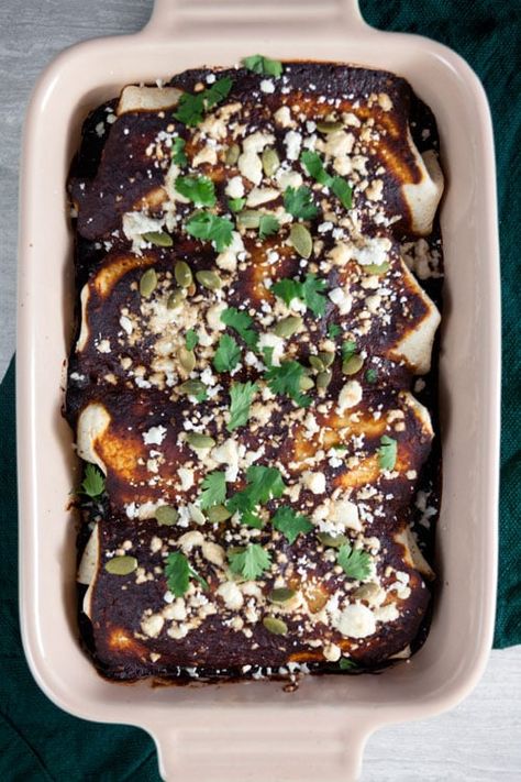 Starting with enchilada sauce means this easy mole sauce can be on the table in about 15 minutes. Serve it over roast butternut squash enchiladas. Vegetarian Mole, Easy Mole Sauce, Squash Enchiladas, Butternut Squash Enchiladas, Mole Enchiladas, Rick Bayless, Mole Sauce, Homemade Enchiladas, Roasted Squash