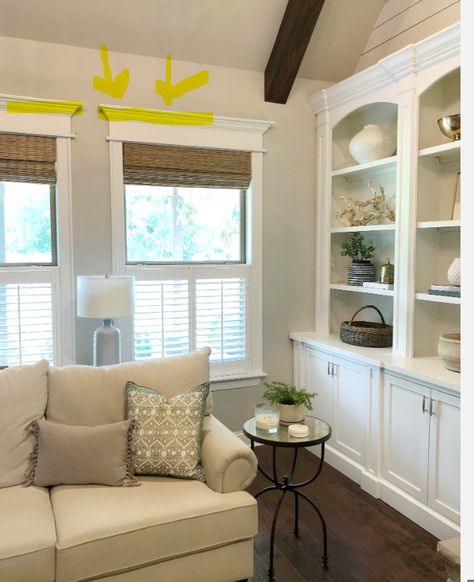 shutters and blinds on window Farmhouse Window Treatments Living Room, Window Treatments Living Room Farmhouse, Interior Shutters Living Room, Shutters Interior Window, Shutters With Curtains, Cafe Shutters, Shutter Window Treatments, Living Room Shutters, Shutters Living Room