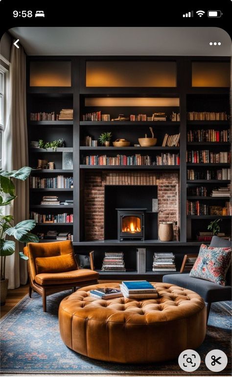 Sustainable Living Room, Classic Bookshelves, Wooden Cross, Reading Corner, Leather Ottoman, Design Lab, Wooden Chair, Bookshelves, Living Room Decor