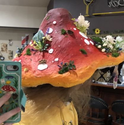 Giant Mushroom Hat, Green Mushroom Costume, Mushroom Hat Diy, Wearable Art Headpieces, Diy Mushroom Hat, Crafts Mushroom, Cottagecore Cosplay, Mushroom Cosplay, Toadstool Hat