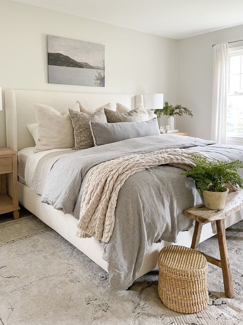 Pottery Barn bedroom, neutral bedroom Grey Comforter Bedroom, Beautiful Bed Designs, Barn Bedrooms, Neutral Bedroom Decor, Neutral Bedrooms, Neutral Bedroom, Coastal Bedroom, Redecorate Bedroom, Style Deco