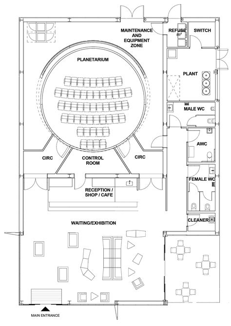 Over the last year, our project to build a planetarium in Orange NSW has taken many twists and turns. Most have centred around cost, as you might expect. The good news is that Orange City Council w… Planetarium Architecture Concept, Perspective Rendering, Planetarium Architecture, Po Teletubbies, Auditorium Architecture, Kids Museum, Space Observatory, Exhibition Plan, Plan Elevation