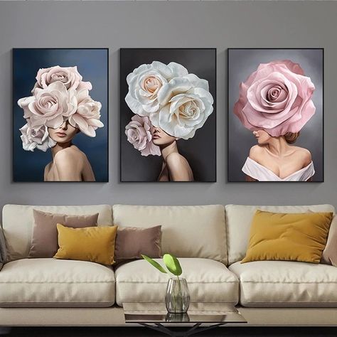 Vogue Painting, Retro Vogue, Lady Painting, Retro 3, Fashion Vogue, Flower Painting Canvas, Fashion Magazines, Living Room Decor Modern, Flower Canvas