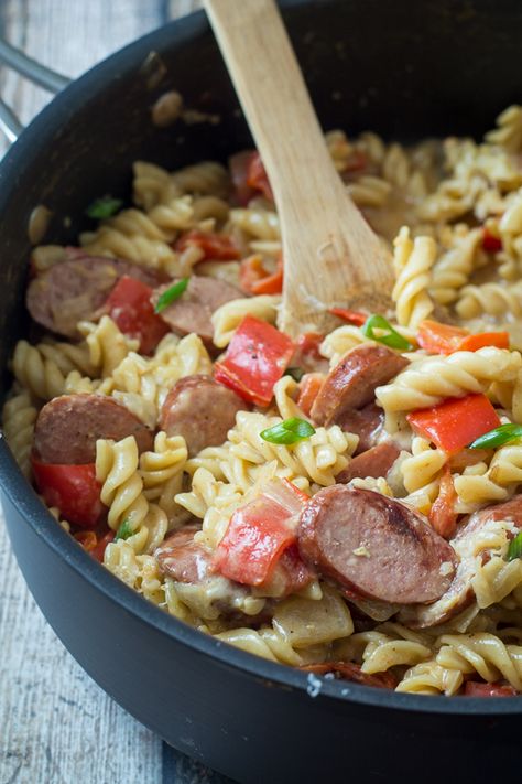 Sausage and Pepper One Pan Pasta Skillet | The Wanderlust Kitchen Sausage And Peppers Pasta, Pasta Sausage, Pan Pasta, Pasta Skillet, One Pan Pasta, Skillet Pasta, Pepper Pasta, Sausage And Peppers, Kielbasa