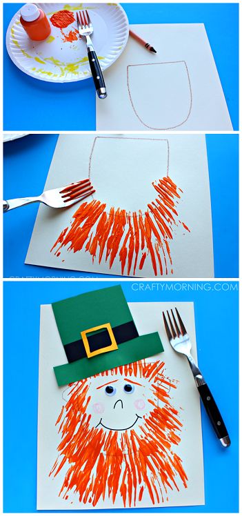 Leprechaun craft with a fork print beard- Fun st. patrick's day craft for kids | CraftyMorning.com Leprechaun Craft, Fete Saint Patrick, March Crafts, St Patricks Crafts, St Patricks Day Crafts For Kids, March Activities, St Patrick Day Activities, St Patrick's Day Crafts, Daycare Crafts