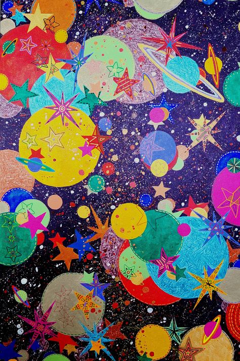 My fun imaginary interpretation of the universe. With multicolored planets and stars . Original painting by me I call my art Jeffism. I've been painting for over 20 years from abstract to realism landscape and portraiture . I paint from the heart with love and light. Space Posca Art, Fantastic Planet Wallpaper, Abstract Star Painting, Color And Light Art, Star Art Aesthetic, Abstract Painting Aesthetic, Planets Painting, Creation Painting, Universe Illustration