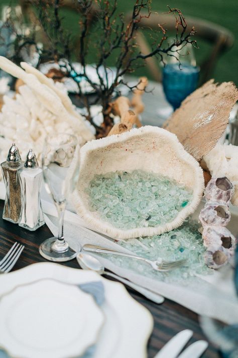 seascape centerpieces Boho Beach Wedding Centerpieces, Sea Theme Wedding Decorations, Coconut Wedding, Elegant Coastal Wedding Decor, Ocean Wedding Decor, Wedding Shell Decor, Clam Shell Wedding Decor, Modern Coastal Wedding, Coastal Wedding Florals