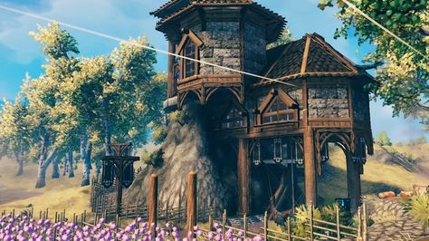 plains hillside windmill dock house Valheim Build Valheim Village Ideas, Valheim Cottage, Valhiem House Ideas, Viking House Exterior, Valheim Village, Valheim Building Ideas, Valheim House Ideas, Valheim Dock, Valheim Castle