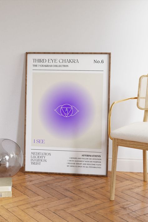 Room Decor Colourful, Indigo Aura, Chakra Poster, Trendy Dorm Room, Chakra Mantra, Yoga Teaching, Yoga Inspo, Chakra Affirmations, Yoga Poster