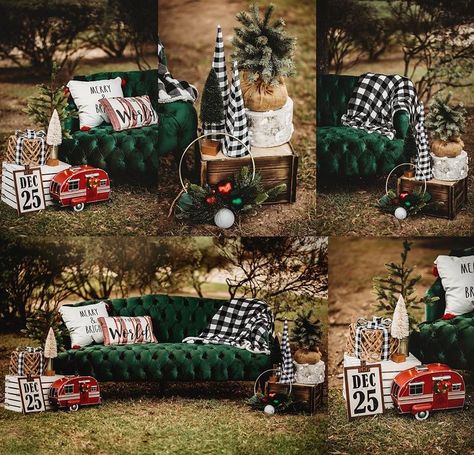 Christmas Photo Shoot Set Up Outside, Green Velvet Couch Photoshoot, Diy Christmas Photo Props Outdoor, Western Christmas Mini Session, Green Couch Christmas Photos, Outdoor Christmas Photo Setup, Front Porch Christmas Photo Shoot, Christmas Sleigh Photoshoot, Christmas Photoshoot Set Up