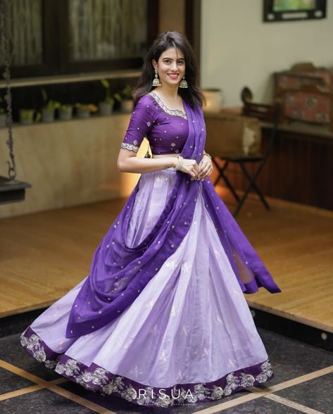 Lavendar Lehenga Purple, Purple Half Saree South Indian, Convert Saree To Dress, Lavender Half Saree, Trending Half Saree Designs, Half Saree Colour Combinations, Lavender Dress Outfit Wedding, Halfsarees Designer, Half Saree Models Latest