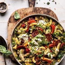 Antipasto Pasta Salad with Herby Parmesan Vinaigrette | halfbakedharvet.com #pasta #easyrecipes #pastasalad #mothersday Antipasto Pasta Salad, Antipasto Pasta, Roasted Aubergine, Antipasto Pasta Salads, Tomato Pasta Salad, Half Baked Harvest Recipes, Avocado Pasta Salad, Goat Cheese Pasta, Italian Pasta Salad