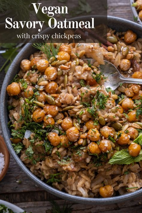 Savory Oats, Savory Oatmeal Recipes, Fried Chickpeas, Chopped Dates, Savory Oatmeal, Crunchy Chickpeas, Breakfast Porridge, Vegan Oatmeal, Traditional Breakfast