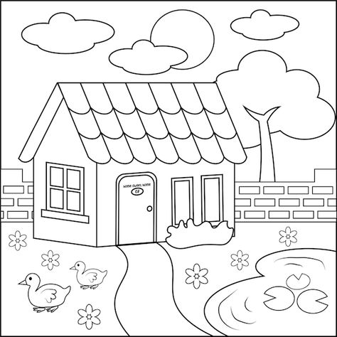 Vector hand drawn home outline kids colo... | Premium Vector #Freepik #vector #nature-doodle #doodle #doodle-illustration #plant-outline Out Line Drawing Images, Drawing For Colouring Kids, Out Line Drawings Sketches, Kids Cartoon Drawings, Painting Worksheets For Kids, Home Drawing For Kids, Drawing Outlines Sketch, Drawing Worksheets For Kids, Outlines Drawing