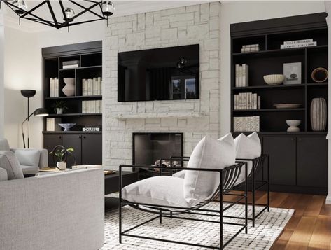 Black Built Ins White Fireplace, Black And White Chimney, White Fireplace With Black Built Ins, Black Built Ins, Fireplace Whitewash, White Wash Fireplace, Fireplace White, Tricorn Black, Free Reign