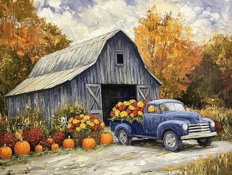 Fall Scene with Blue Pickup Truck and Barn.  Printed on rice paper. Blue Pickup Truck, Autumn Pics, Fall Paintings, Truck Pics, Farm Pictures, Barn Pictures, Automobile Advertising, Country Barns, Barn Art