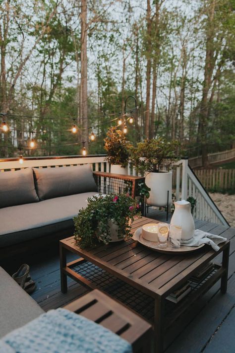 Maximizing the Layout of a Small Deck in 5 Steps! Deck Furniture Small Space, Fall Landscape Backyard, Deck Staging Ideas, Small Deck Patio Furniture, Deck Railing Decorating Ideas, Outdoor Patio Mood Board, Cozy Back Deck Ideas, Outdoor Deck Furniture Ideas, Deck Inspiration Backyard Ideas