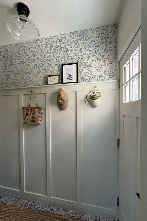 I’ve wanted to add board and batten to my small entryway for a while now. Once I got started, It was so much easier than I thought. House Design Entryway, Board And Batten End Of Wall, Peg Rail Board And Batten, Rental Board And Batten, Different Board And Batten Styles, Decorate Board And Batten Wall, Small Hallway Board And Batten, Board And Baton Entryway, Wallpaper Over Board And Batten