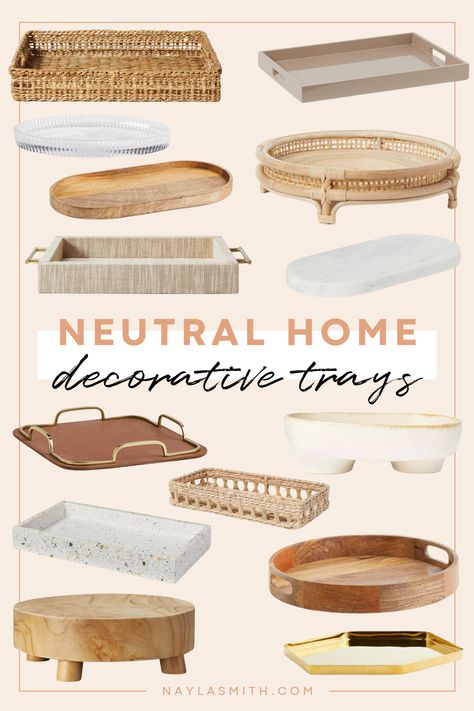 neutral boho home decor decorative trays Ottoman Coffee Table With Tray, Tray On Nightstand, Bedside Tray Decor, Wood Tray Decor Kitchen, Rattan Tray On Coffee Table, Nightstand Tray Decor, Kitchen Island Decor Decorative Trays, Decorative Tray Ideas Bedroom, Table Tray Decor Ideas Living Room