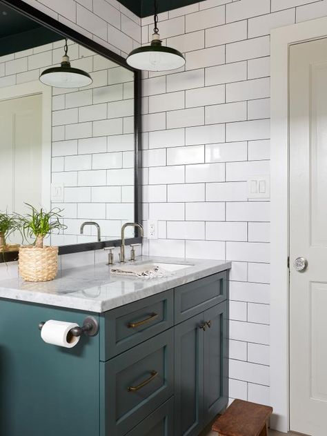 Contemporary Guest Bathroom, Green Ceiling, Green Vanity, Private Lake, White Subway Tiles, Seal Beach, Marble Sinks, Bathroom Guest, White Subway Tile