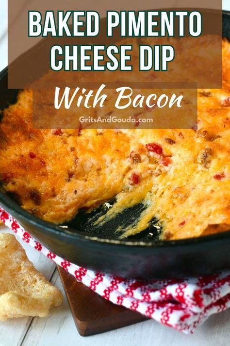 Make this crowd pleasing Baked Pimento Cheese Dip with Bacon the next time you're looking for a savory appetizer! Combine everything in a cast iron skillet or another oven safe dish and you'll have an easy and hot pimento cheese dip in no time. Pimento Cheese With Bacon Jam, Warm Pimento Cheese Dip, Baked Pimento Cheese Dip 12 Tomatoes, Baked Pimento Cheese Dip, Hot Pimento Cheese Dip Recipe, Baked Pimento Cheese, Hot Pimento Cheese Dip, Warm Cheese Dip, Bacon Pimento Cheese