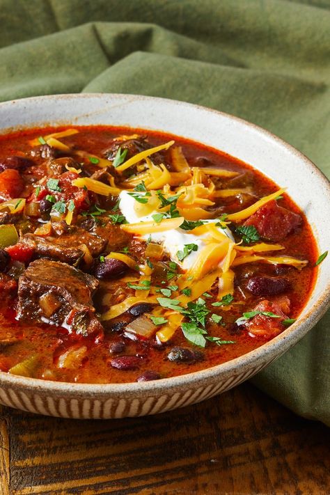 Slow-Cooked Stew Meat Chili Stew Meat Chili, Slow Cooker Steak Chili, Beef Stew Meat Chili, Chilli Recipe Crockpot, Holiday Meats, Chili With Stew Meat, Stew Beef Chili, Chili With Black Beans, Slow Cook Beef Stew