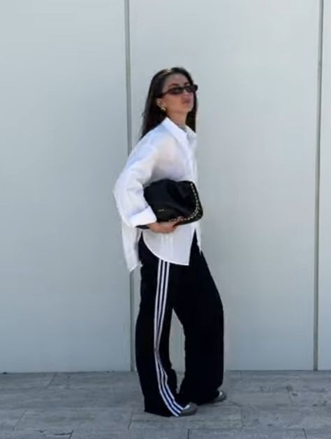 Adidas Pants Outfit Black Women, Smart Sporty Outfit Women, White Track Pants Outfit, Chic Athleisure Outfits Summer, Aw24 Trends, Track Pants Outfit Women, Check Shirt Outfit, Adidas Track Pants Outfit, Minimal Fashion Summer