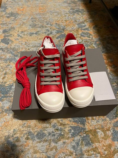 Rick Owens Size 35 2021 Red leather Ramones low top sneakers new in box Red Rick Owens Outfit, Leather Sneakers With Red Sole For Streetwear, Mid-top Sneakers With Red Sole For Streetwear, Red Leather Sneakers For Streetwear, Low Top Rick Owens, Designer Red Leather Sneakers, Red Rick Owens, Rick Owens Low Top, Rick Owens Ramones Low