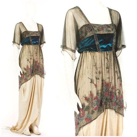 @aneacostumes on Instagram: “The dress from the cover of the aforementioned book: an evening gown from around 1915. Worn over cream silk, the tunic-like overdress has…” Poiret Fashion, Istoria Modei, Fashion 1910, Paul Poiret, Mode Retro, 1910s Fashion, Louise Brooks, 20th Century Fashion, Edwardian Dress