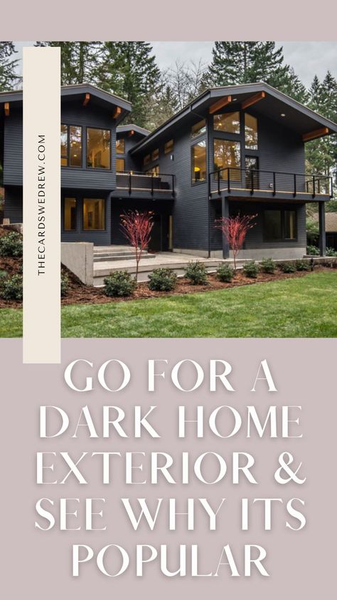 Landscaping With Dark Siding, Dark Grey Outside House Paint, Dark Exterior Cabin Colors, Dark Exterior Light Trim, Light Vs Dark House Exterior, Houses With Dark Gray Siding, Dark Grey Home Exterior Black Trim, Dark Grey Outside Paint Exterior Houses, Dark Colored Exterior Houses