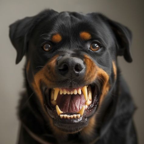 Rottweiler showing signs of aggression with detailed facial expressions. (Angry Rottweiler) Mean Rottweiler, Rottweiler Dog Angry, Angry Rottweiler, Powerful Dogs, Anatolian Shepherd Puppies, Rottweiler Pictures, Puppy Stages, Angry Dog, The Fury