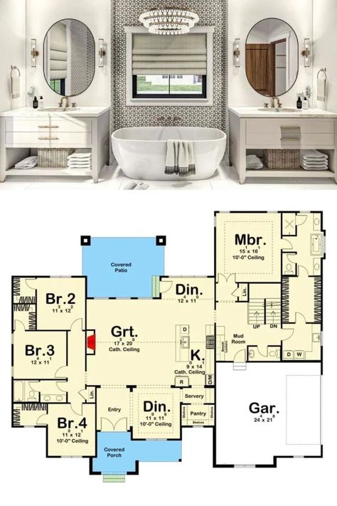 The 4-bedroom, single-story farmhouse bathroom and modern farmhousewith house planw ith double garage and bonus expansion. #ModernFarmhouse Single Story Farmhouse, Porch Supports, French Front Doors, Mansion Floor Plans, Gabled Roof, Backyard Views, Southern Traditional, House Plans Mansion, Mansion Floor Plan