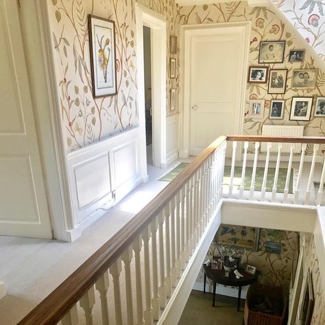 Hall Stairs And Landing Decor, Stairs And Landing Decor, Nicolas Fairford, Hallway Wallpaper Ideas, Lewis And Wood, Eden Wallpaper, Landing Decor, Manpreet Kaur, Rose Bedroom