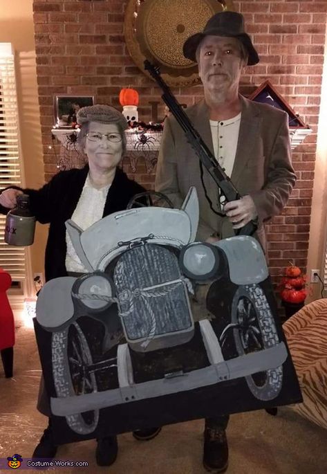 This is me (Lisa Rohm) and my man, Doug Rohm. Wanted to look like the original Beverly Hillbillies show, so went grayscale with Goodwill clothing and gray makeup. A syrup jug, a toy rifle, a truck shape cut from cardboard, and black and white paints... Beverly Hillbillies Costumes, Hillbilly Party Costumes, Hillbilly Chili, Granny Clampett, Hillbilly Costume, Hillbilly Party, Gray Makeup, Beverly Hillbillies, Trash Party