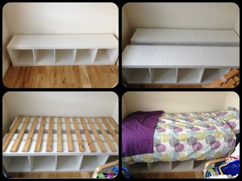 My first ikea hack - to get a bed to fit in a small room and create more floor space for playing Ikea Platform, Ikea Platform Bed, Bed Hacks, Shoe Storage Small Space, Box Room, Small Space Bedroom, Ikea Bed, Dekorasi Kamar Tidur, Kids Bedroom Ideas