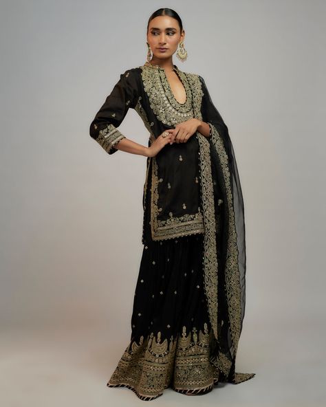 Black Embroidered Sharara Set | Gopi Vaid – KYNAH Black Sharara, Top And Plazo, Gopi Vaid, Kurta And Sharara, Black Kurta, Eid Outfit, Sharara Suit, Desi Clothes, Blazer Set