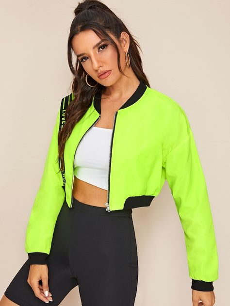 Neon Lime Letter Print Zip-up Jacket | SHEIN Ropa Color Neon, Neon Outfits, Bright Patterns, Sporty Outfits, Girls Fashion Clothes, Teen Fashion Outfits, College Outfits, Looks Vintage, Neon Green