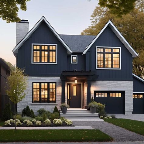 5+ Two Tone Exterior House Paint Ideas to Elevate Traditional Homes • 333+ Images • [ArtFacade] Two Tone House Exterior, Two Tone Exterior, Navy Blue House Exterior, Exterior House Paint Ideas, House Color Ideas, Navy House Exterior, House Paint Ideas, Dark Blue House Exterior, Navy Blue Houses