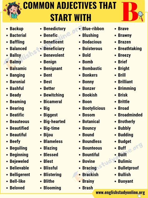 60+ Popular Adjectives That Start with B with Useful Examples - English Study Online Adjective Vocabulary, Adjective Words, List Of Adjectives, English Adjectives, The Letter B, English Language Learning Grammar, B Words, Math Words, Good Vocabulary Words