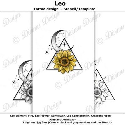 Leo Horoscope Flower Tattoo | Tattoo Design and Tattoo Stencil/Template | Instant Digital Download #leotattoo #horoscopetattoo #leozodiactattoo #napetattoo #womentattoo #wristtattoo #elementtattoo #sunflowertattoo Leo Zodiac Flower, Horoscope Flowers, Bday Tattoo, Leo Birthstone, Leo Zodiac Tattoos, Rings Tattoo, Leo Tattoo Designs, Leo Tattoo, Dragonfly Tattoo Design