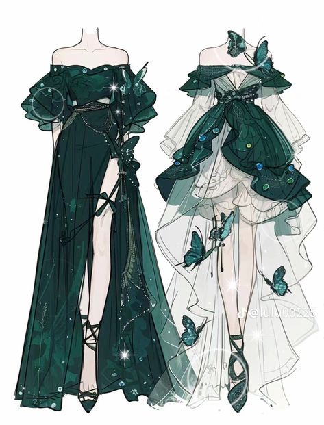 Dress Design Drawing, Clothing Design Sketches, Fantasy Dresses, Fashion Drawing Dresses, Anime Inspired Outfits, Green Dresses, Dress Design Sketches, Fashion Illustration Dresses, Dress Drawing