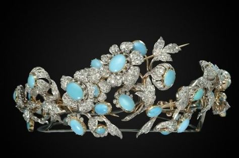 A floral turquoise tiara by Mellerio dits Meller, circa late 1860's. The piece deconstructs to form  many brooches Turquoise Tiara, Poltimore Tiara, Royal Jewellery, Tiara Headpieces, Tiaras Jewellery, Royal Tiaras, Beautiful Tiaras, Diamond Tiara, Diamond Crown