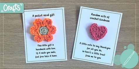 Small gestures can turn someone's whole day around! Receiving a Random Acts of crochet Kindness pocket-sized gift along with a heart-warming message is a thoughtful way to show someone you care and appreciate them. This Random Acts of Crochet Kindness craft pack includes two crochet patterns for how to make a little flower and a little heart and a message template for you to attach your kindness crochet. There are illustrated, easy-to-follow instructions for the two crochet patterns found in o Random Acts Of Kindness Crochet Ideas, Random Acts Of Kindness Crafts, Random Acts Of Crochet Kindness Free Patterns, Crochet Acts Of Kindness, Kindness Crochet, Kindness Craft, Random Acts Of Crochet Kindness, Crochet Kindness, Random Acts Of Kindness Day